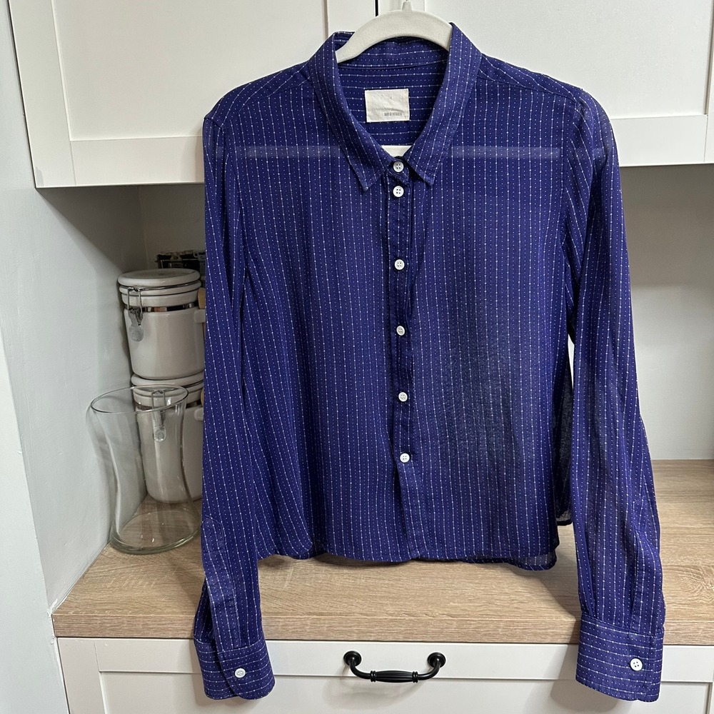Band of Outsiders Womens XS Sheer Button Down Navy Pinstripe Cotton Celestial